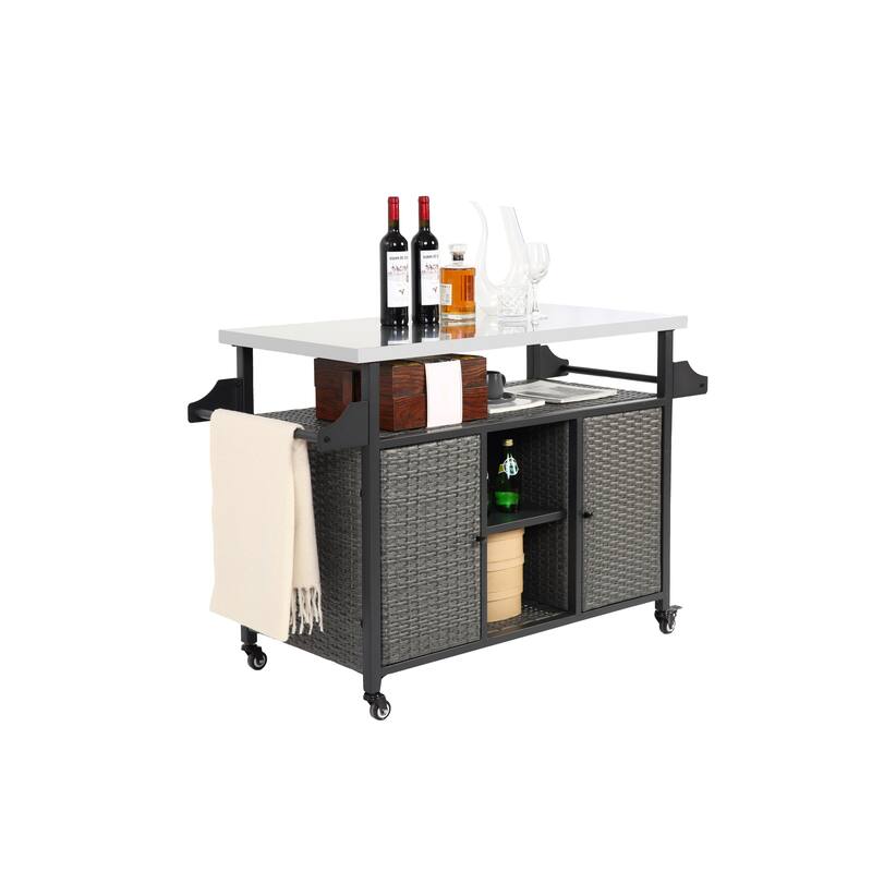 Large bar cart,Outdoor Kitchen Wicker Island Rolling Cart & Storage Cabinet, Wheels and Stainless Steel Extended Table Top