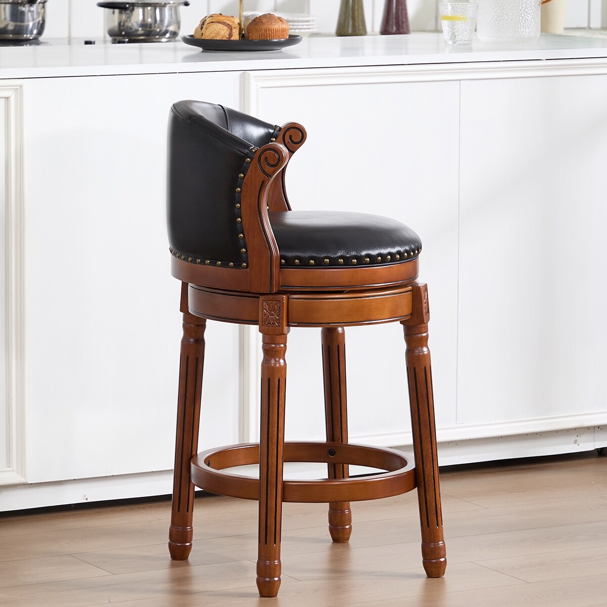 Cow top Leather Wooden Bar Stools, 360 Degree Swivel Bar Chair