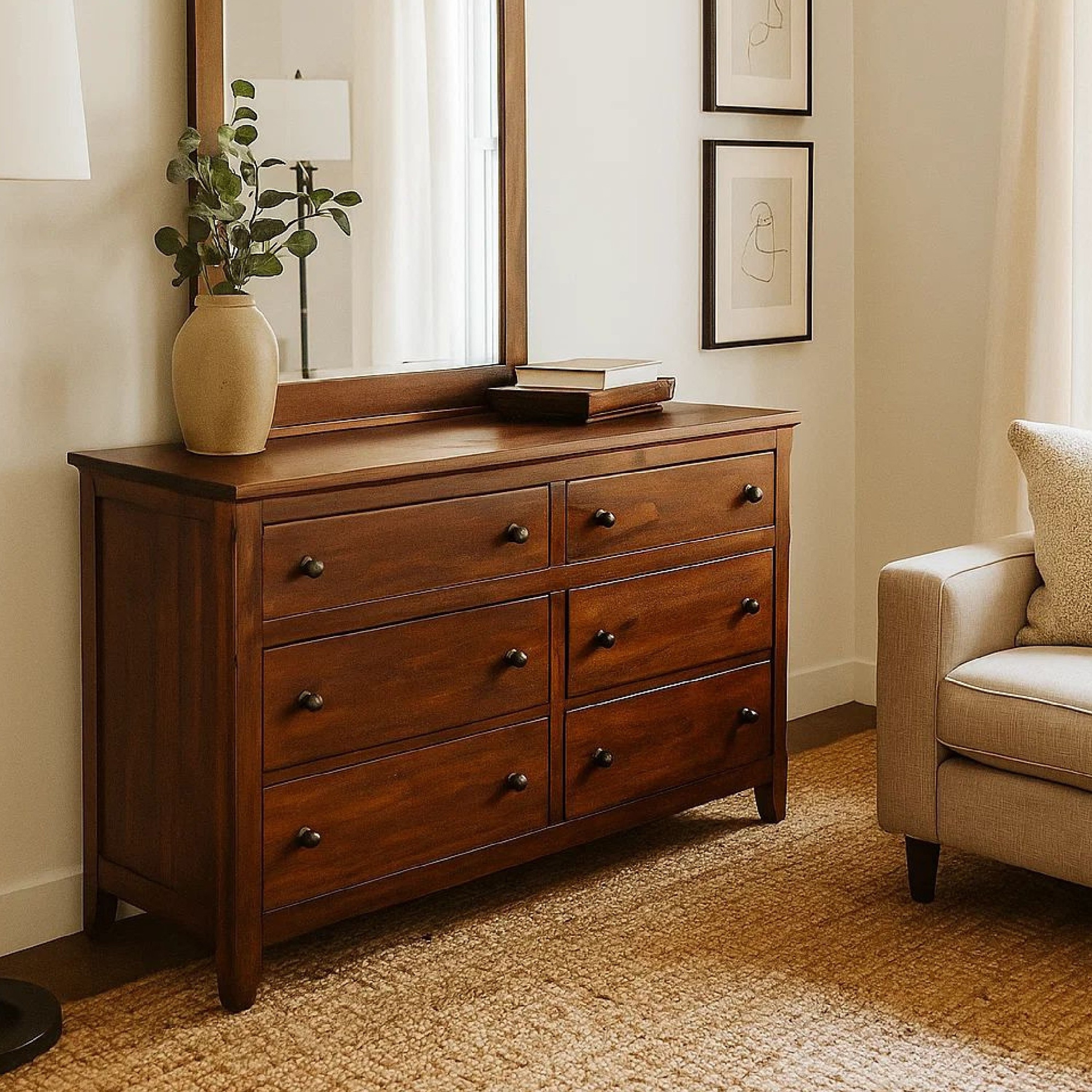 Odell Wide Dresser, 6 Drawers, Bronze, Rustic Dark Brown Solid Wood
