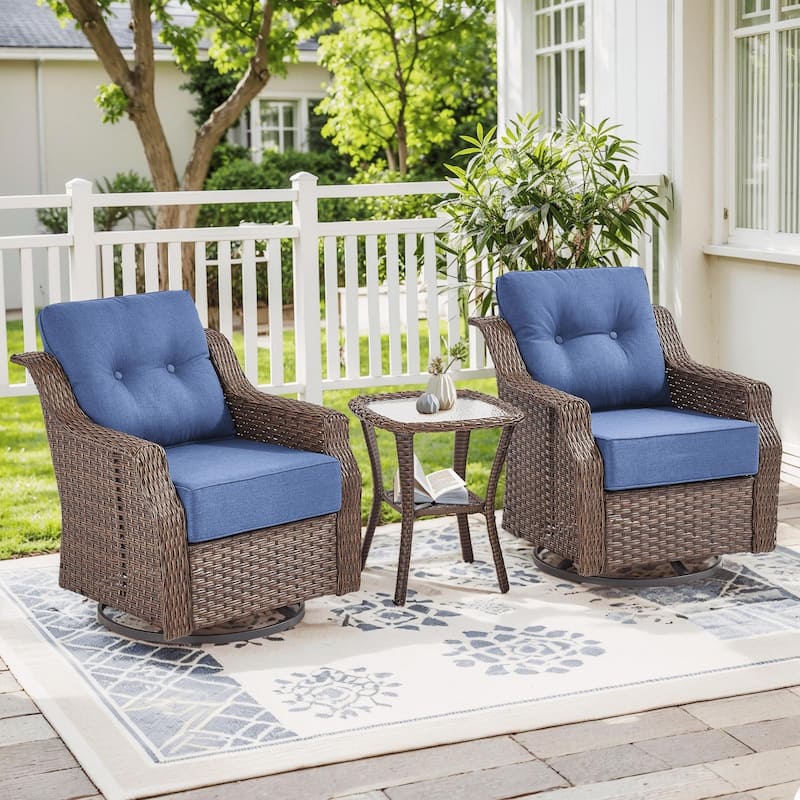 Pocassy Wicker Sofa Chair Set for Garden - Brown Wicker & Blue Cushion - 3PCS Gldier Chairs with Table