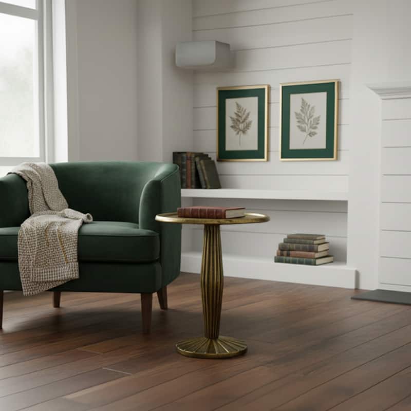 17 Inch Side End Drink Table, Fancy Fluted Base, Round Top Antique Brass