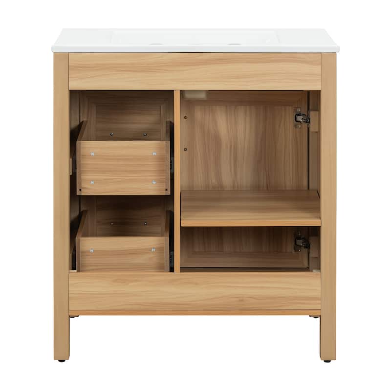 30" Wood Bathroom Vanity with Solid Wood Frame - 1 Soft-Close Door, 2 Soft-Close Drawers, Adjustable Shelf(Sink Not Included)