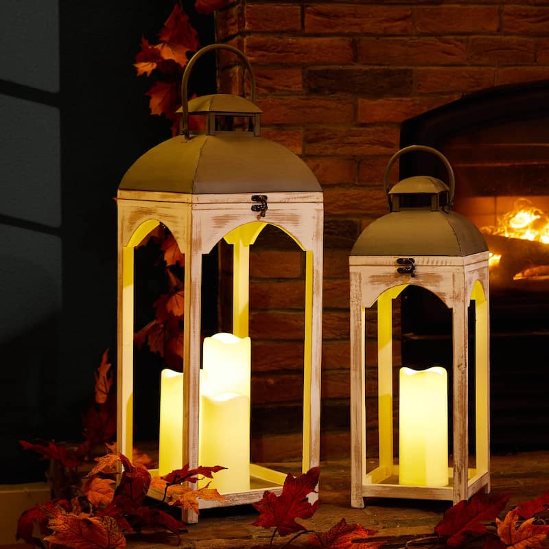 Glitzhome Set of 2 Farmhouse Church Style Hanging Candle Holders Wooden Lanterns Fall Wedding Decor