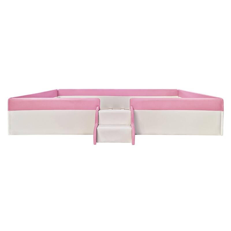 Twin/ Full/ Queen/ King Size Upholstered Kids Floor Bed Frame with Guardrail and Little Stairs, Soft PU Platform Bed