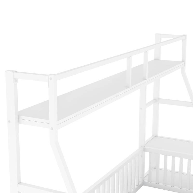 Twin Size Floor Bed Frame with Safety Fence, Metal Floor Bed with Desk and Storage Shelves, Playhouse for Kids, White