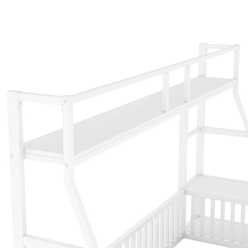 Twin Size Metal Floor Bed Frame with Safety Fence, Desk and Storage Shelves, Kids Playhouse, White