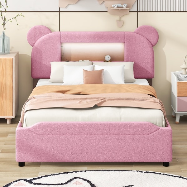 slide 2 of 9, Full Size Upholstered Storage Platform Bed with Cartoon Ears Headboard Pink - Full