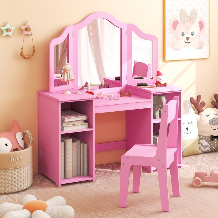 Kids Vanity Table and Chair Set with Removable Tri-Folding Mirror - 41" x 16" x 46"