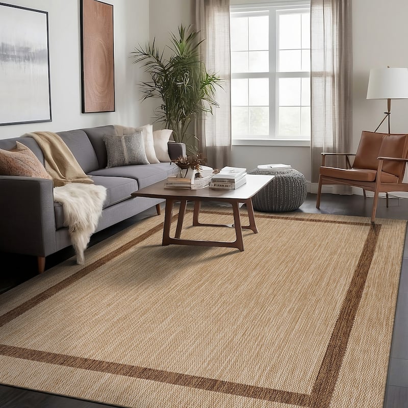 Beverly Rug Modern Bordered Indoor Outdoor Rug, Outside Carpet for Patio, Deck, Porch