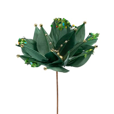 Poinsettia with Feather Petals Artificial Christmas Pick - 13.75" - Green