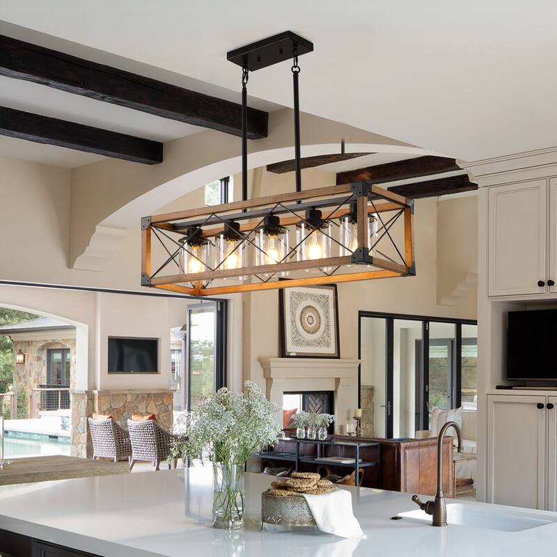 Rustic 5-Light Red Farmhouse Chandelier with Adjustable Suspension for Kitchen Island, Dining Room, and Living Room