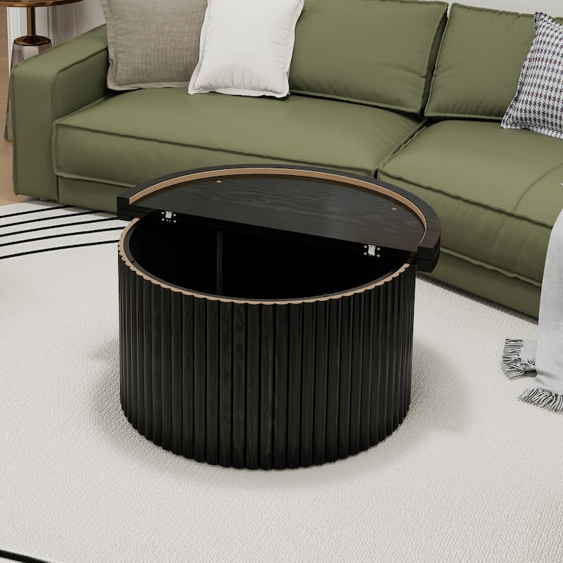 Round Coffee Table with Wood Grain Vertical Stripes, Small Fluted Circle Side Table, Center Table with Adjustable Feet
