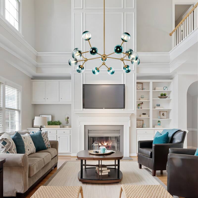 15-Light Modern Glam Linear Sputnik Gradient Blue Glass Globe Bubble Branch Chandelier