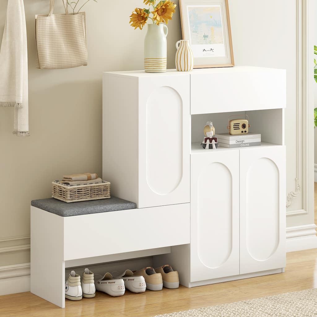 Modern Storage Bench with Arched Doors & Rebound Devices, Versatile Shoe Rack Organizer with Adjustable Shelves