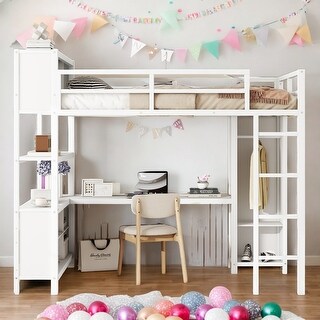 Full Size Loft Bed with Wardrobe,L-shaped Desk,Storage Cubes and Shelves