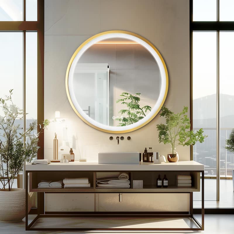 Gold Aluminum Framed Round Bathroom Vanity Mirror Dimmable Illuminated Wall Mirror - 32 x 32 in