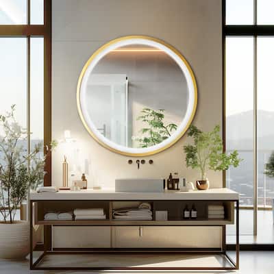 Gold Aluminum Framed Round Bathroom Vanity Mirror Dimmable Illuminated Wall Mirror