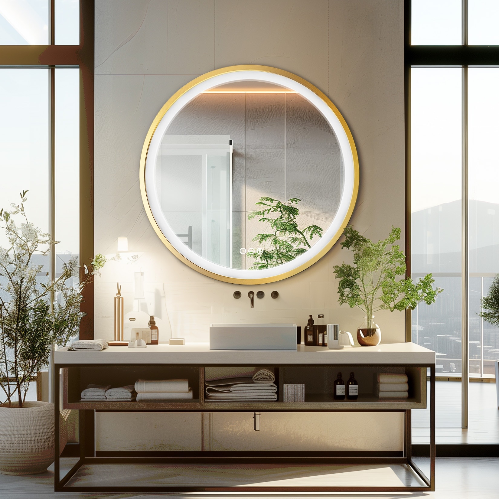 Gold Aluminum Framed Round Bathroom Vanity Mirror Dimmable Illuminated Wall Mirror
