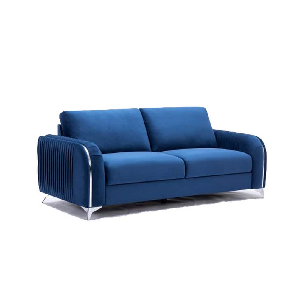 Wiena 79 Inch Sofa, Velvet Upholstery, Solid Pine Wood, Blue and Chrome