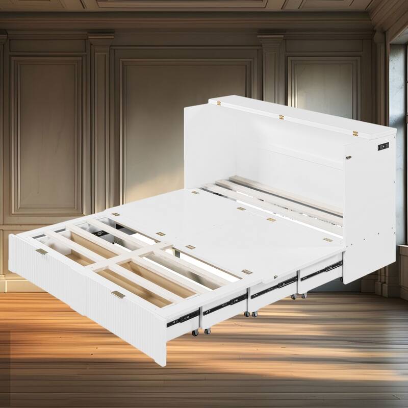 Queen-Size Murphy Bed with Drawer, Sockets, USB Ports, and Pulley Structure Design for Space-Saving, Multi-Use Rooms