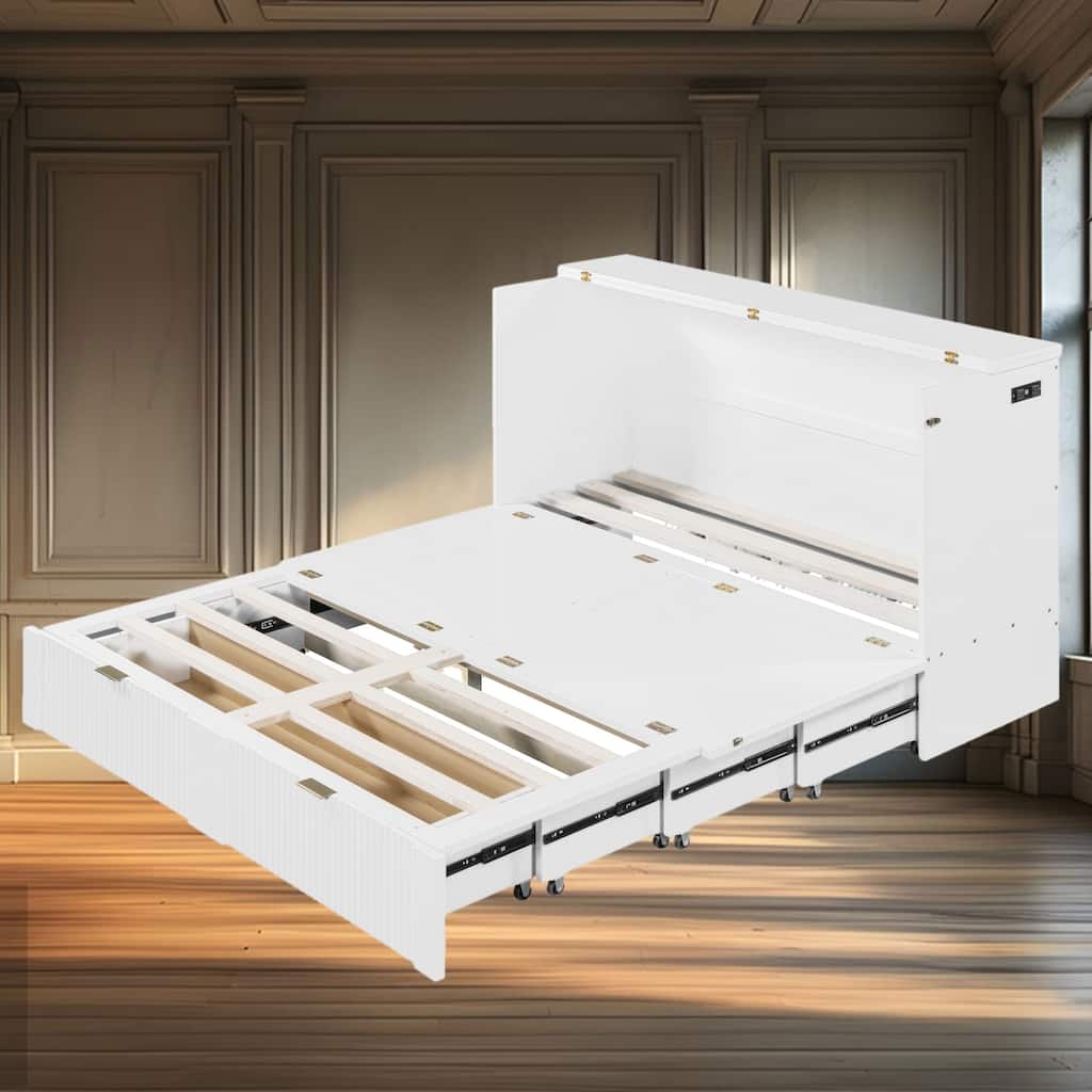 Queen-Size Murphy Bed with Drawer, Sockets, USB Ports, and Pulley Structure Design for Space-Saving, Multi-Use Rooms