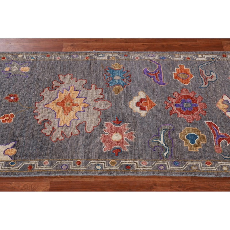 Hand Knotted Oriental 100% Wool Carpet Transitional Floral Greys & Charcoal Oushak Runner Rug - 9' 10'' X 2' 8''