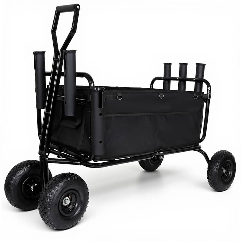 Fishing Cart Beach Cart Collapsible Wagon w/11'' All-Terrain Wheels for Sand, Heavy Duty Garden Cart with Rod Holders - Black