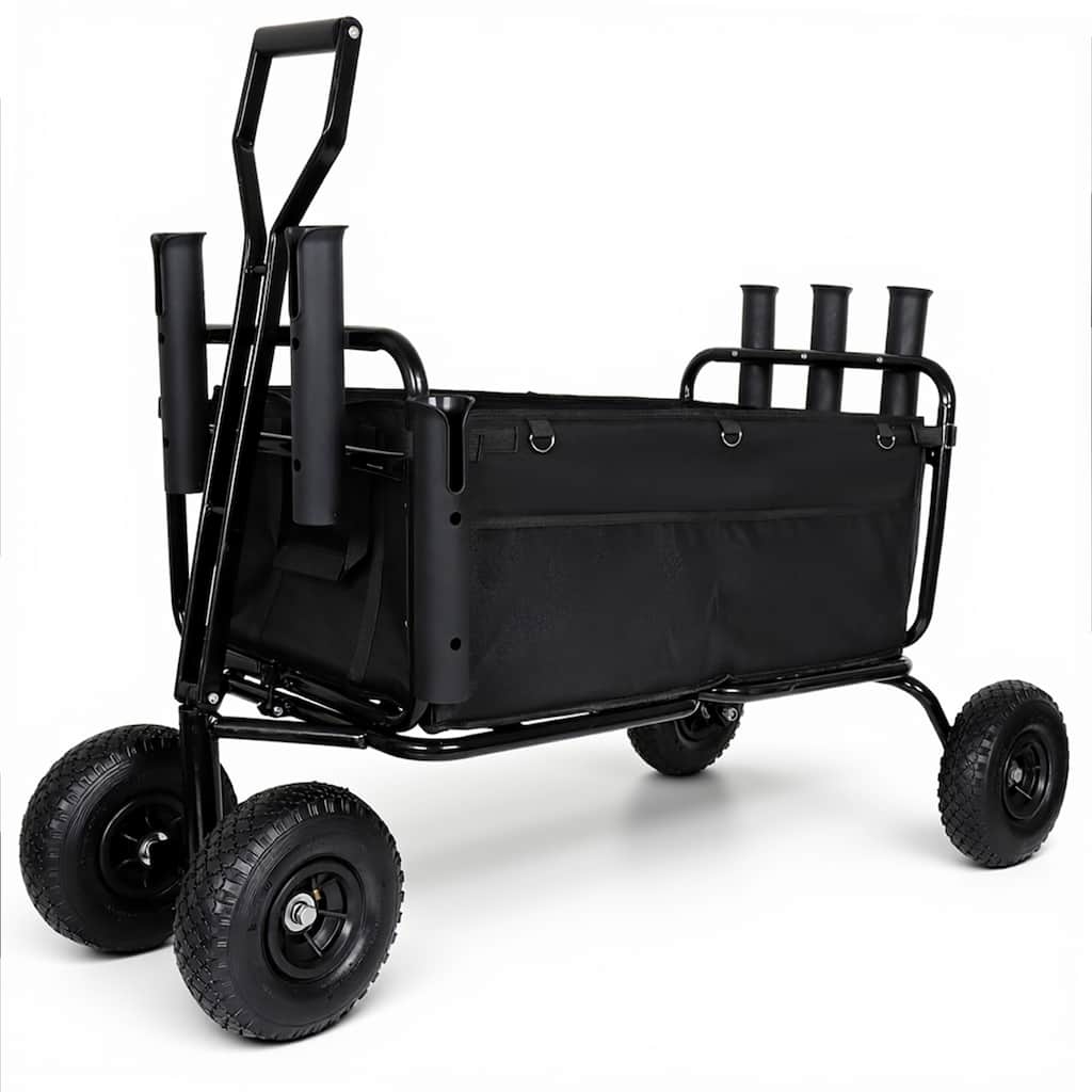 Fishing Cart Beach Cart Collapsible Wagon w/11'' All-Terrain Wheels for Sand, Heavy Duty Garden Cart with Rod Holders