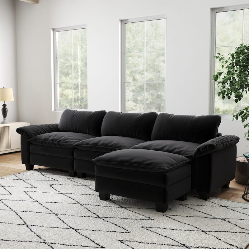 Luxury Velvet Upholstered Sectional Sofa Couch with Ottoman
