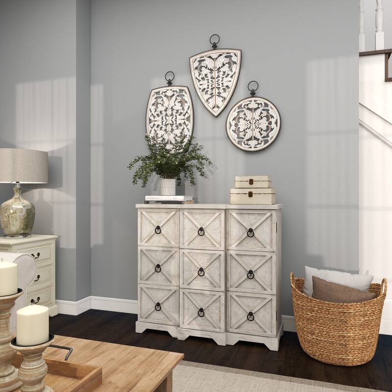 White Wooden Carved Design Floral Home Wall Decor with Ring Hanger (Set of 3)