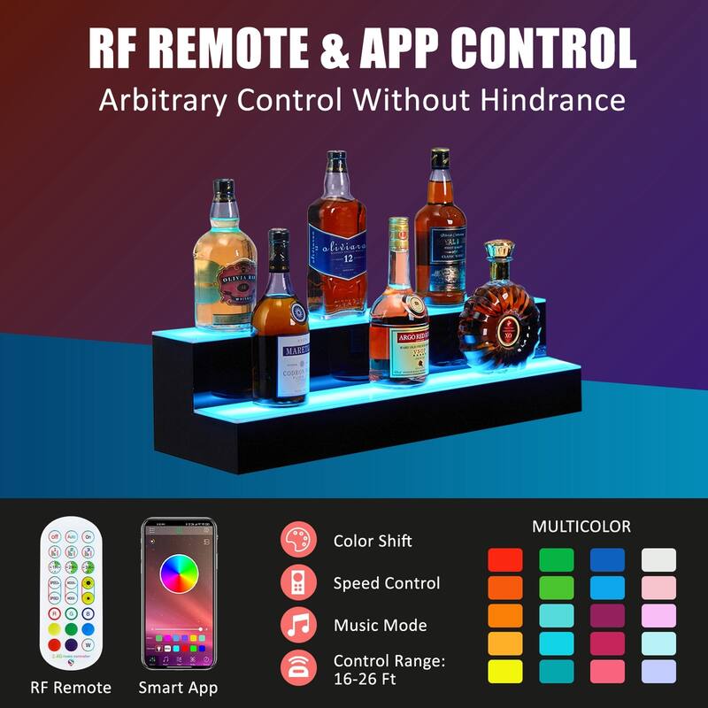 2-Step Lighted Liquor Bottle Display Shelf with Remote APP Control