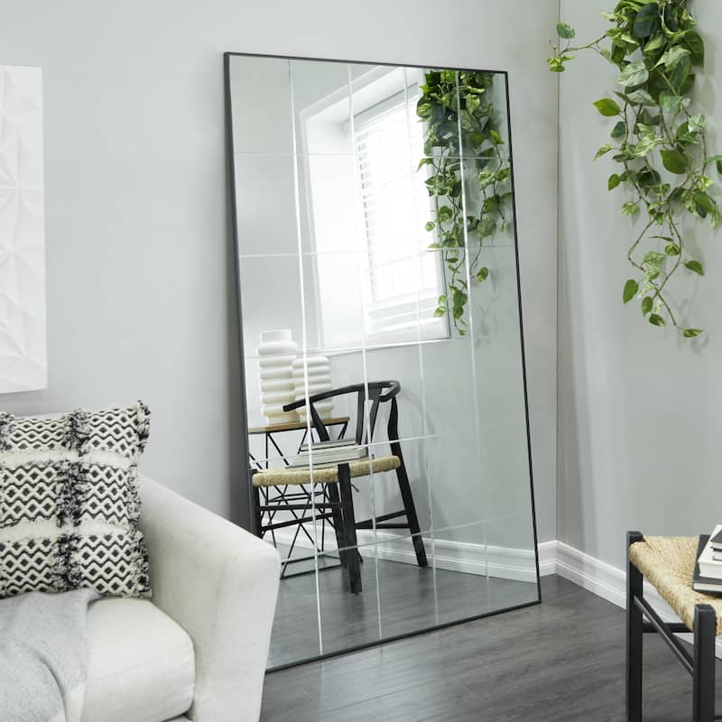 Black Wooden Grid Style Panel Room Wall Mirror - Black - 37"W, 67"H