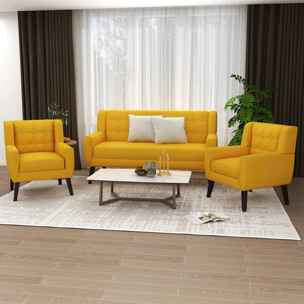 3-Piece Tufted Linen Armchair and Loveseat Set