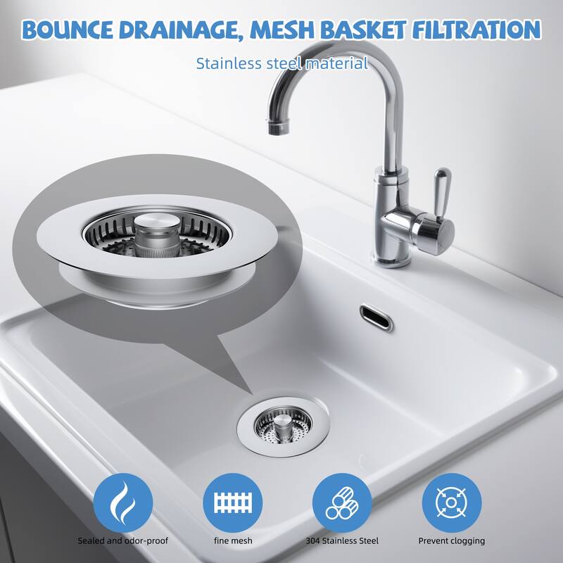 Stainless Steel 3 in 1 Kitchen Sink Drain Strainer for US 3-1/2" Drain