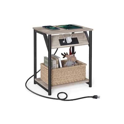 Rustic Brown Wood End Table with Charging Station, Storage Shelf, and USB Ports - 11.8”D x 15.2”W x 18.9”H
