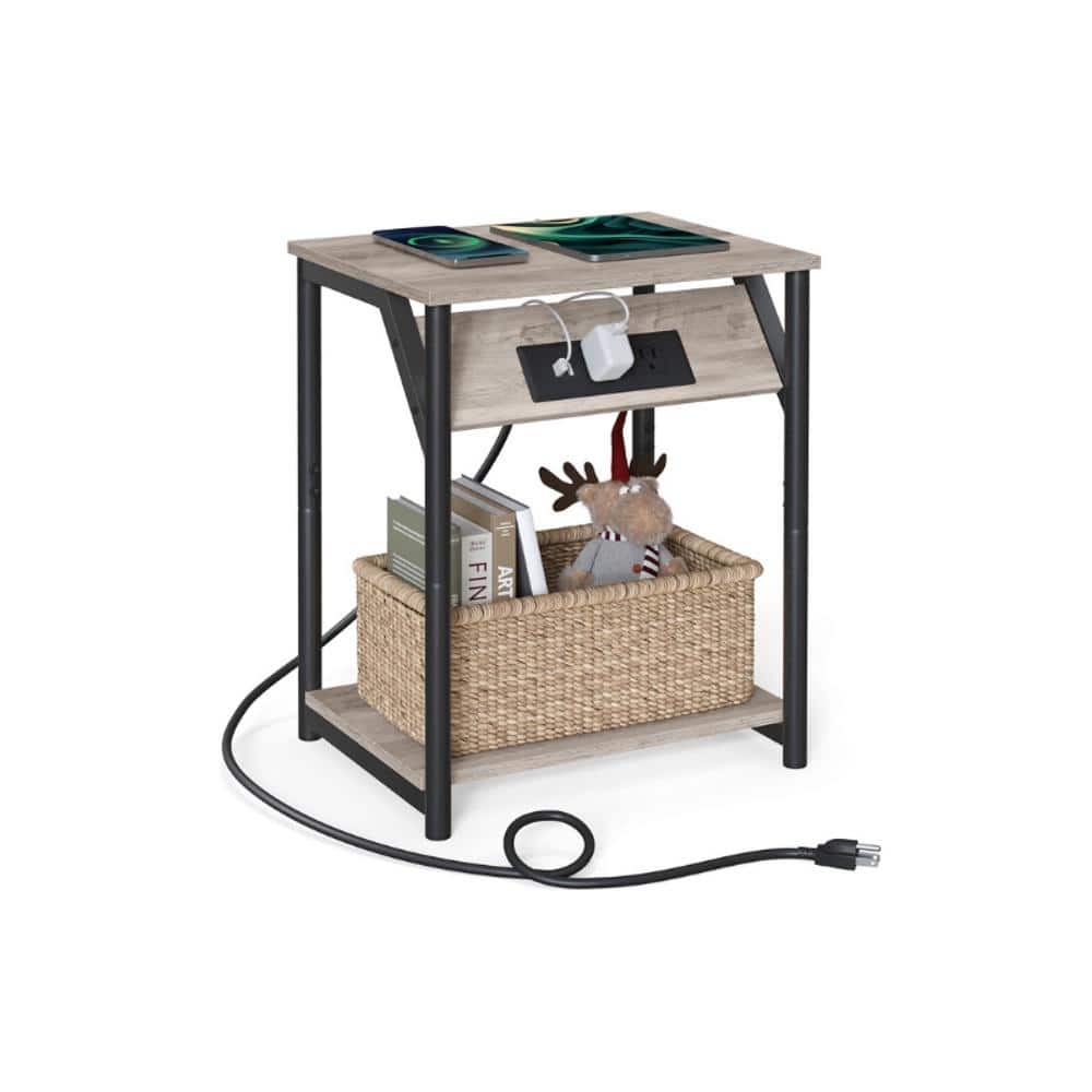 Rustic Brown Wood End Table with Charging Station, Storage Shelf, and USB Ports - 11.8”D x 15.2”W x 18.9”H