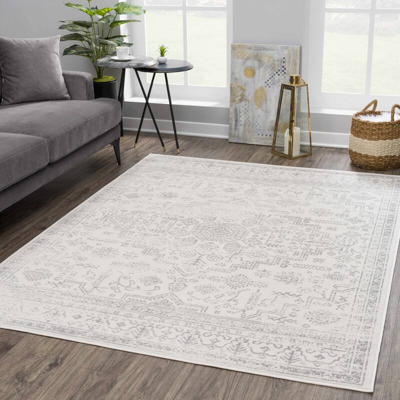 Hauteloom Tigris Modern Traditional Abstract Farmhouse Neutral Grey / Beige Area Rug - 9' x 12' - Light Grey, Grey, Ivory / Tigris