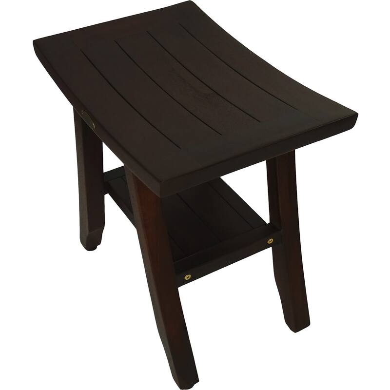 Compact Curviliniear Teak Shower / Outdoor Bench with Shelf in Brown Finish