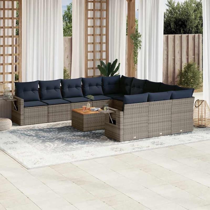 vidaXL 12 Piece Patio Sofa Set with Cushions Gray/Gray/Black Poly Rattan - 24.4" x 24.4" x 27.2" - Grey and blue