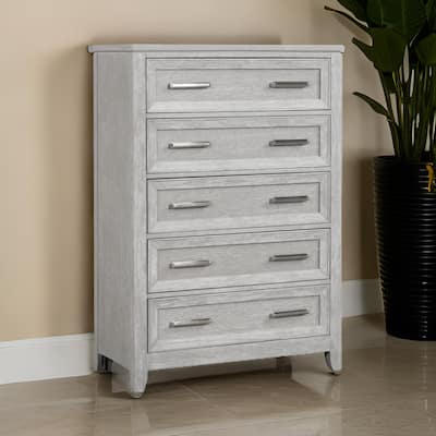 Ion 56 Inch Tall Dresser Chest, 5 Drawers, White Marble Top, Farmhouse Gray