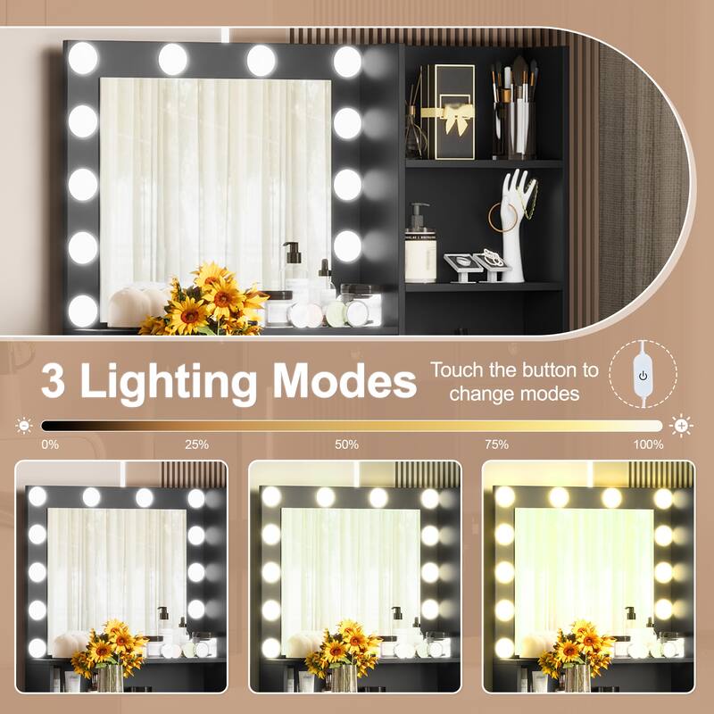 Vanity Desk With Mirror And 3 Lighting Modes, Makeup Vanity With Glass Top And Storage Shelves With 2 Drawers And Cabinet