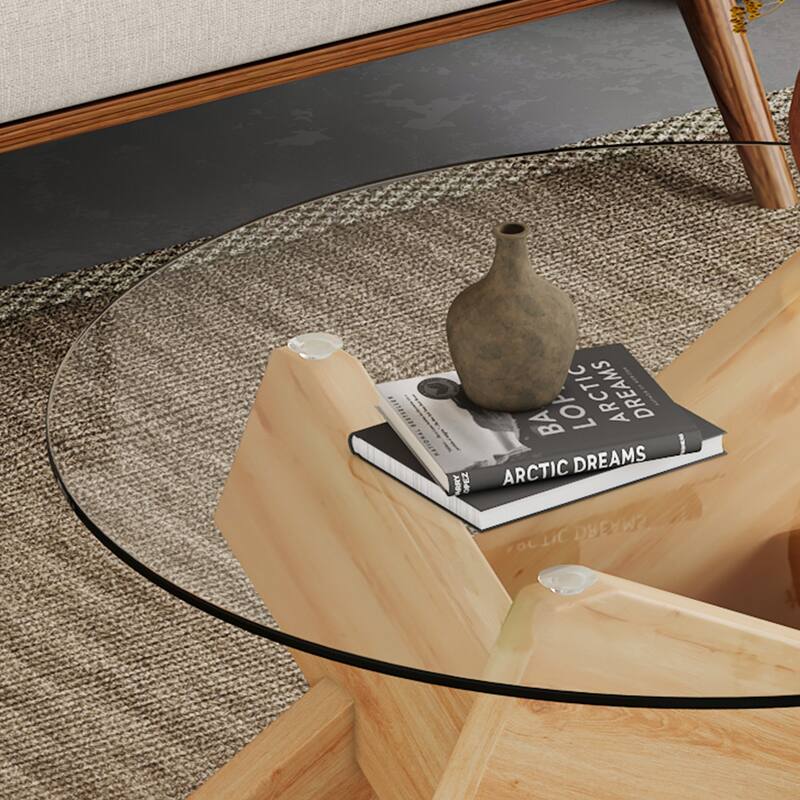 33.4" Modern Round Coffee Table with Clear Tempered Glass Top and MDF Legs for Living Room