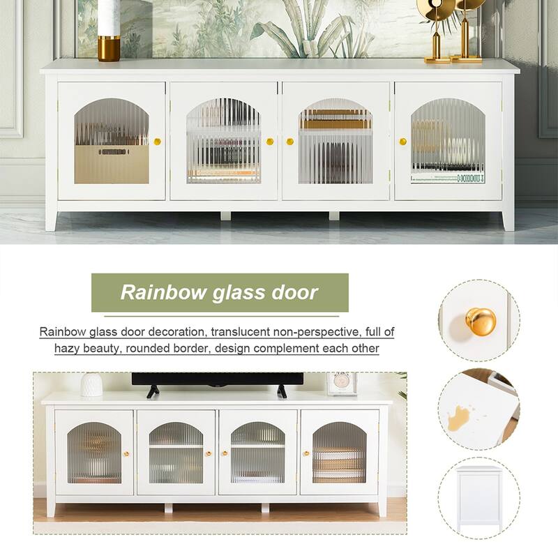 TV Stand Cabinet with 4 Glass Doors, Wood Entertainment Center - 70.87L x 17.72W x 24.02Hinches