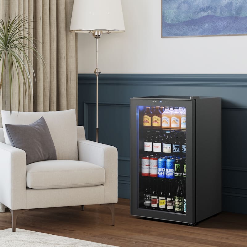 3.35 Cu.Ft Beverage Refrigerator, Glass Door Cooler with LED Display, Quiet Compressor, 102-Can Capacity