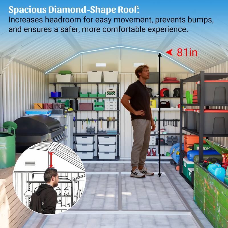 GDFStudio - Large Heavy Duty Rust-Resistant Metal Tool Shed Storage with Floor Frame & Lockable Doors for Easy Access