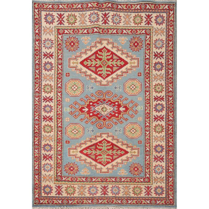 Light Blue Kazak Accent Rug Handmade Wool Carpet - 3'4"x 4'9"
