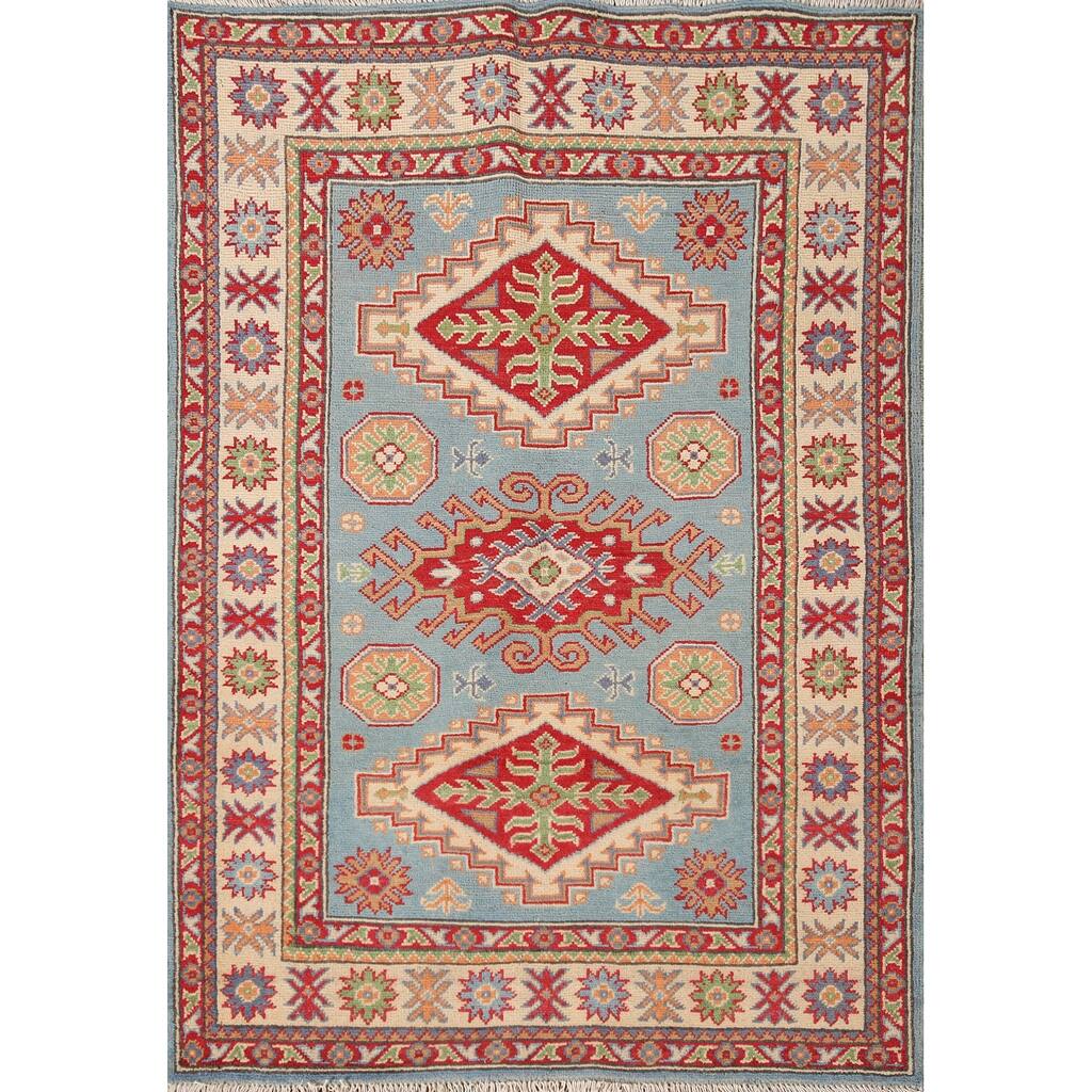 Light Blue Kazak Accent Rug Handmade Wool Carpet - 3'4"x 4'9"