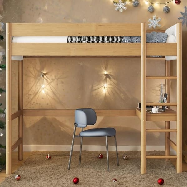 slide 2 of 20, Twin Size Rubber Wooden Loft Bed with Desk,Ladder,Safety Guardrails,Teddy Fleece Fabric Headboard/Footboard Natural