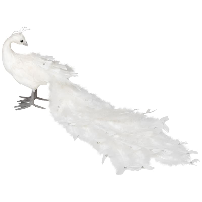 Jeweled and Glittered Peacock Christmas Decoration with Faux Pearls - 24" - White