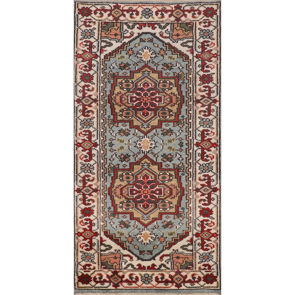 Light Blue Heriz Serapi Indian Foyer Rug Hand-Knotted Wool Carpet - 2'6"x 6'0"